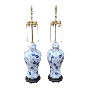 Mid 20th Century Pair Warren Kessler New York Asian Style White and Blue Floral Porcelain Lamps