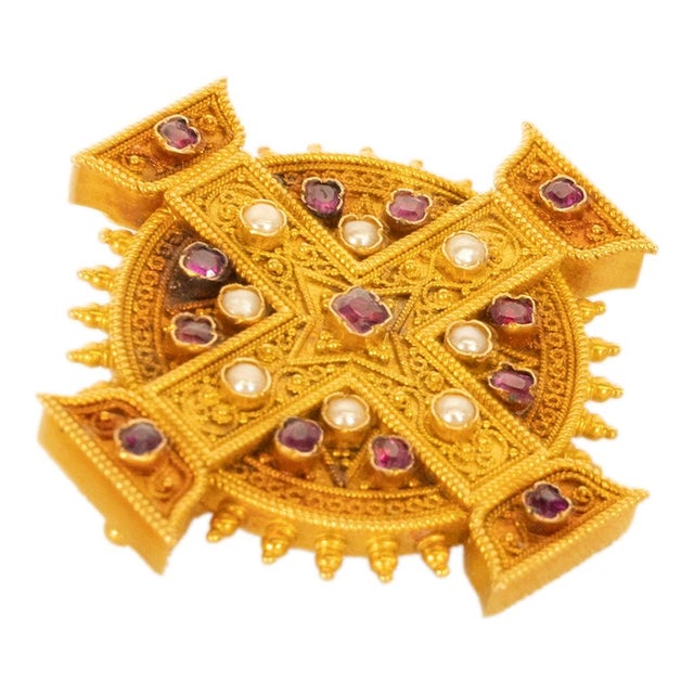 Antique Italian Etruscan Revival 22k Gold Brooch Rubies & Pearls Marchesini 1870 For Sale In Portland, OR - Image 6 of 16