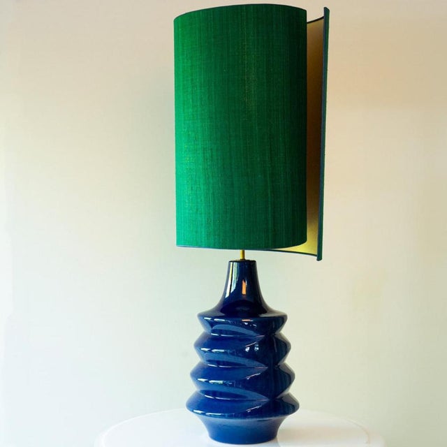 1970s Sapphire Blue Ceramic Floor Table Lamp with Lampshade attributed to R. Houben, 1970s For Sale - Image 5 of 10