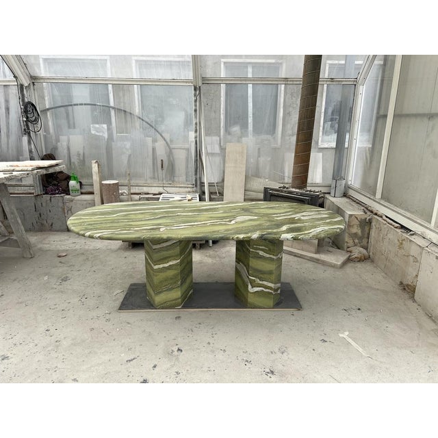 Mid-Century Modern Large Green Marble Oval Dining Table by My Habitat Design For Sale - Image 3 of 7