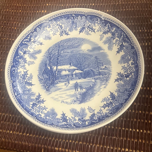 Spode Winters Eve Blue 10” Pasta Bowls-set of 5. The pattern features a center pastoral scene with a snow covered house,...