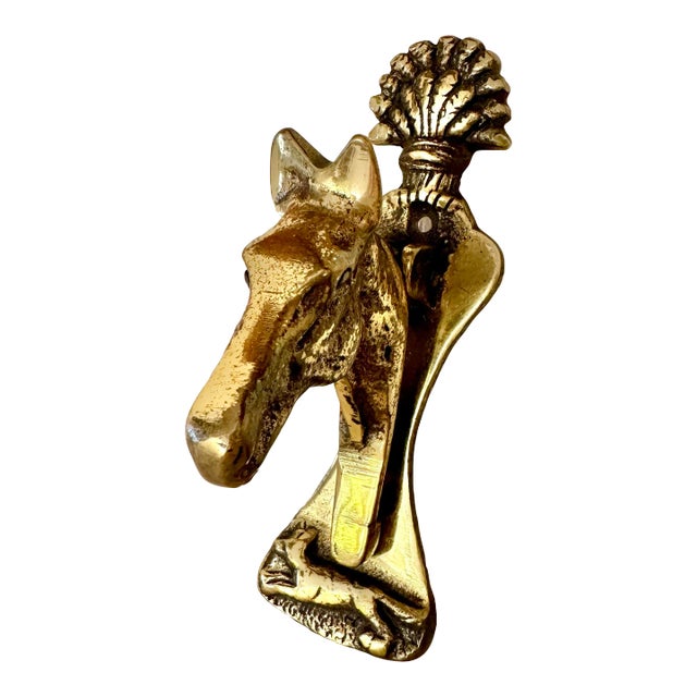 Vintage English Brass Door Knocker With Horse Head and Fox For Sale