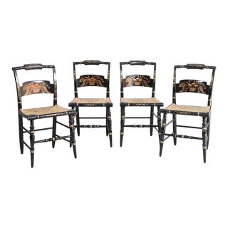 Early 20th Century Hitchcock Dining Chairs Black and Gold With Rush Seats - Set of 4 For Sale