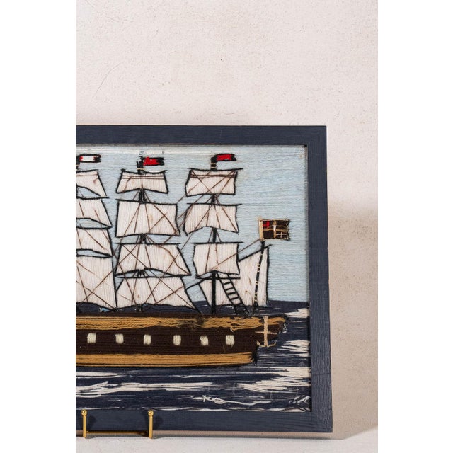 English Antique Sailor Wool Art in Navy Wood Frame For Sale - Image 3 of 4