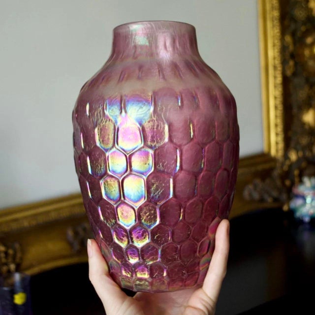 Glass Josh Ries Handblown Glass Vase – Iridescent Pink Embossed Honeycomb Studio Art Glass For Sale - Image 7 of 7