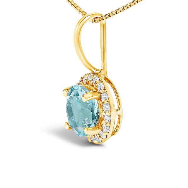 Contemporary 10K Yellow Gold Blue Aquamarine and 1/10 Cttw Diamond Accent Halo Pendant Necklace For Sale - Image 3 of 5
