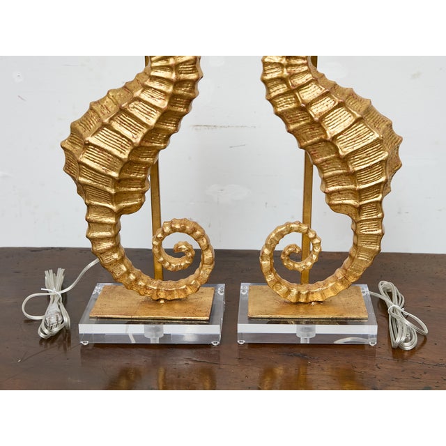 Contemporary 19th Century Gilt Metal Seahorse Table Lamps on Lucite Bases - a Pair For Sale - Image 3 of 7