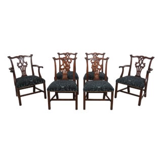 Set of 6 Baker Mahogany Chippendale Style Dining Chairs W. New Upholstery For Sale