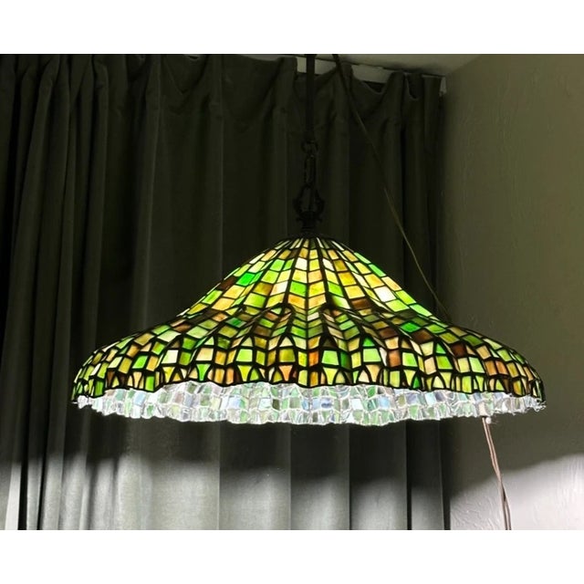 Mid-20th Century 20'' Tiffany-Style Leaded Green Slag Glass Lotus Leaf Lamp Shade For Sale - Image 17 of 18