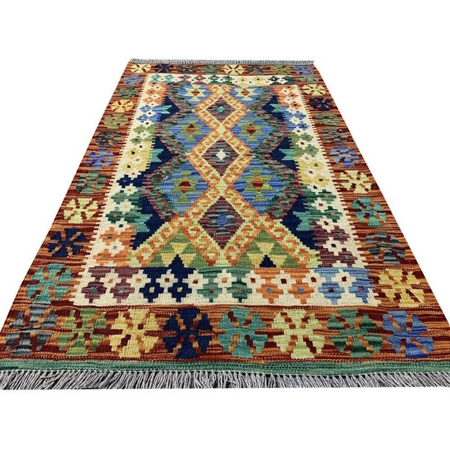 New Afghan Chobi Hand Woven Veg Dyed Wool Kilim Area Rug 4.8 X 2.9 Ft For Sale - Image 4 of 11
