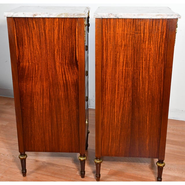 1900 Pair Antique French Louis XVI Walnut & Satinwood Marble Top Lingerie Stands For Sale - Image 11 of 12