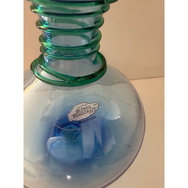 Late 20th Century Blue Glass Vase With Green Spiral Coil Pattern, Blenko For Sale In Los Angeles - Image 6 of 6