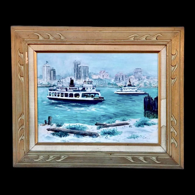 This mid-20th-century oil painting titled Ferryboat depicts the Coronado, San Diego waterfront with an impressionist-style...