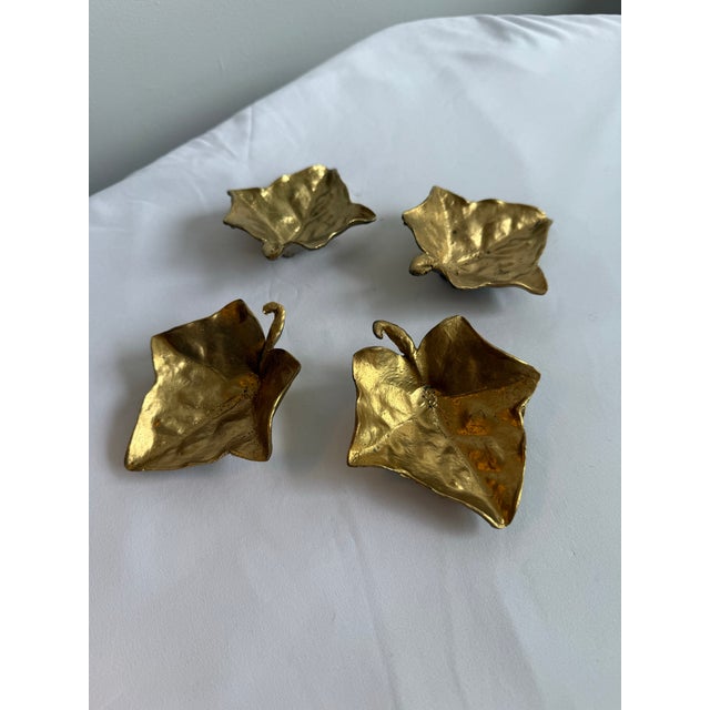 Mid-Century Modern Vintage Brass Set of 4 Oak Leaf Catchall Plates or Ash Trays For Sale - Image 3 of 12