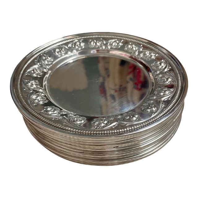 Set of 6 Sterling Silver Art Nouveau Repousse Bread Dishes For Sale