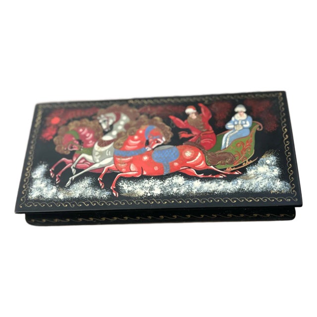Russian Lacquer Box With a Troika Scene For Sale
