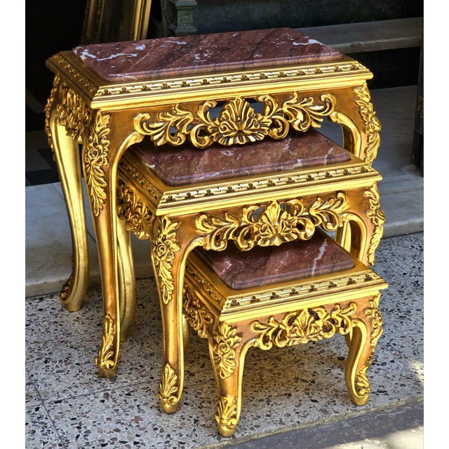Baroque French Baroque Style Nesting Tables – Set of 3 Marble With Gold Leaf Details For Sale - Image 3 of 6