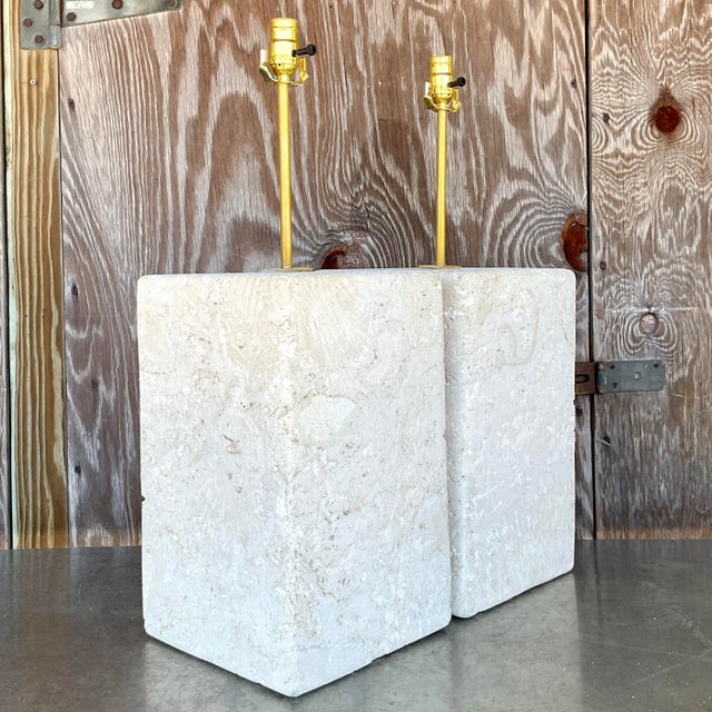Coastal Vintage Coastal Large Coquina Stone Block Lamps - a Pair For Sale - Image 3 of 7