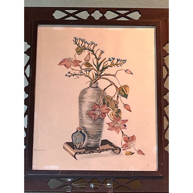 Vintage Harrison Chinoiserie Floral Still Life Fretwork Wood Frame 19x15.5 For Sale - Image 4 of 7