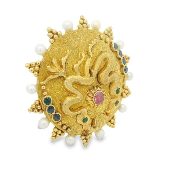 Metal Signed Ilias Lalaounis 18k Gold Gemstone and Pearl Brooch, Greece, 1970s For Sale - Image 7 of 8