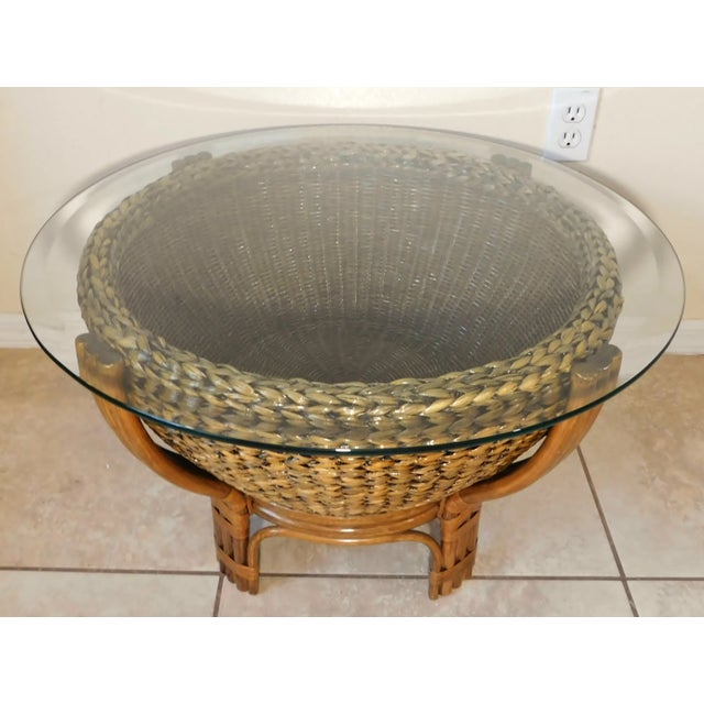 Round Natural Rattan Ornate Wicker & Banana Leaf Basket Beveled Glass Top Coffee Table For Sale - Image 11 of 11