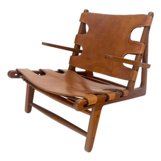 Hunting Chair in Teak Thick Leather Upholstery Lounge Chair MINT For Sale