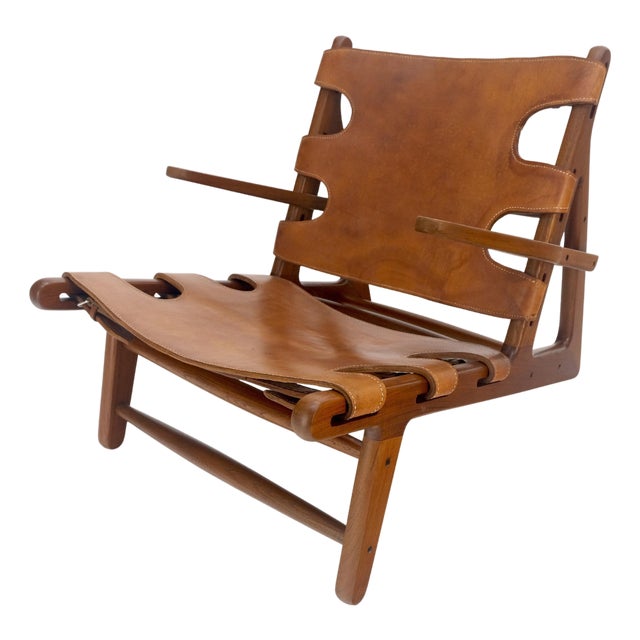 Hunting Chair in Teak Thick Leather Upholstery Lounge Chair MINT For Sale