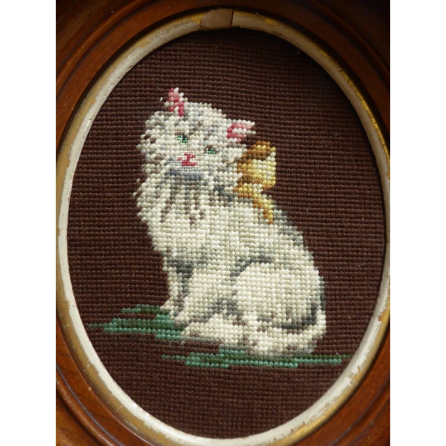 Vintage Needlepoint Cat in Old Mahogany Oval Frame For Sale - Image 4 of 6