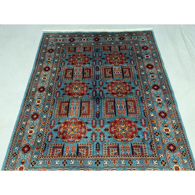Art Deco Turquoise Blue and Red Wool Area Rug, Tribal Geometric Medallion Design For Sale - Image 3 of 14