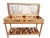 Striking vintage wood and glass display case featuring hand-painted geometric artwork in warm shades of rust, burgundy,...