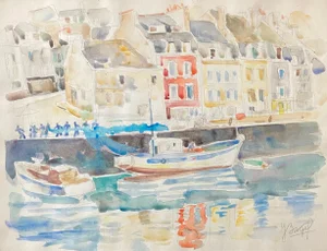 Mid 20th Century Moses Bagel Bahelfer Impressionist Cityscape Watercolor Gouache Painting