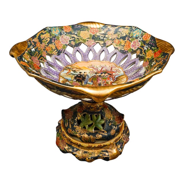 Mid 20th Century Royal Satsuma Handpainted Moriage Reticulated Pedestal Centerpiece Bowl Compote For Sale