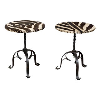 Pair of Midcentury French Guéridon Tables with Zebra Hide and Iron Tripod Bases For Sale