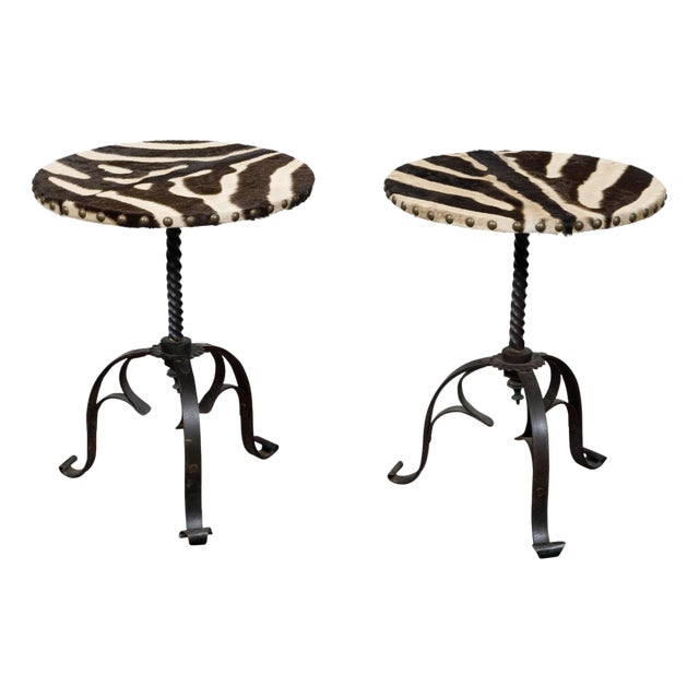 Pair of Midcentury French Guéridon Tables with Zebra Hide and Iron Tripod Bases For Sale