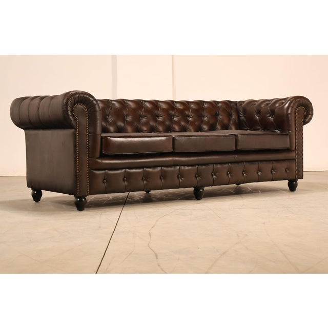 Chesterfield Style 7 Foot Espresso Brown Tufted Leather Sofa For Sale - Image 9 of 16