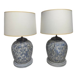 1990s Blue & White Chiniserie-Style Ceramic Table Lamps - a Pair For Sale