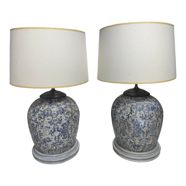 1990s Blue & White Chiniserie-Style Ceramic Table Lamps - a Pair For Sale