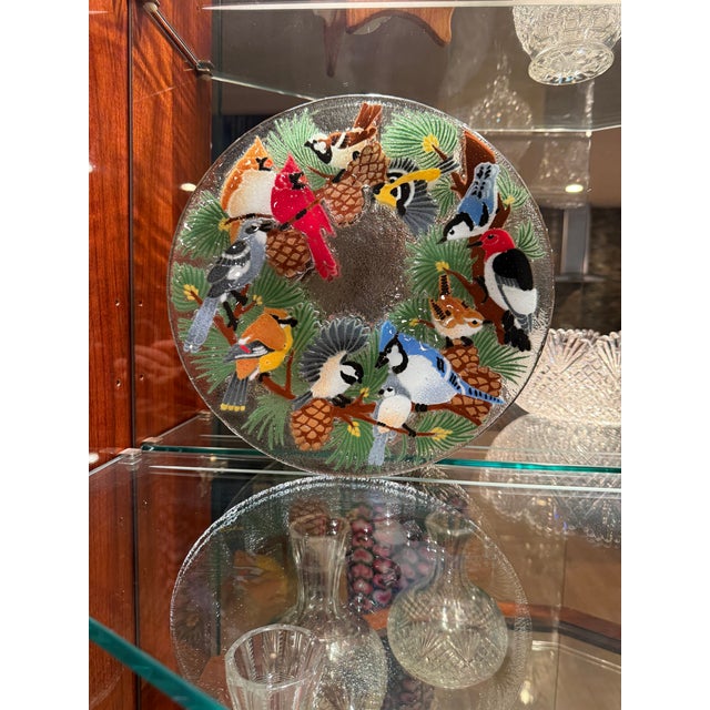 Glass 1990s Peggy Karr Festive Birds Signed Fused Art Glass Platter For Sale - Image 7 of 8