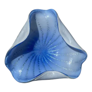 1950s Hand Blown Blue Glass Bowl With Silver Circus Tent Design Attributed to Murano