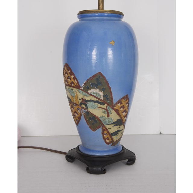 Chinoiserie Antique Blue Satsuma Pottery Chinoiserie Lamp For Sale - Image 3 of 5