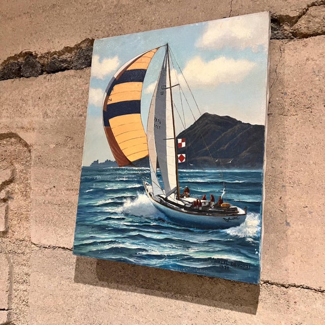 Textile 1976 Hazel DeVorss Oil on Canvas Painting Sailboat Regatta Art For Sale - Image 7 of 8