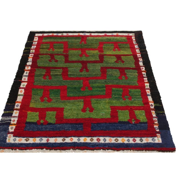 Traditional 1950s Vintage Tulu Rug, Blue Border With Green and Red Geometric Pattern For Sale - Image 3 of 6