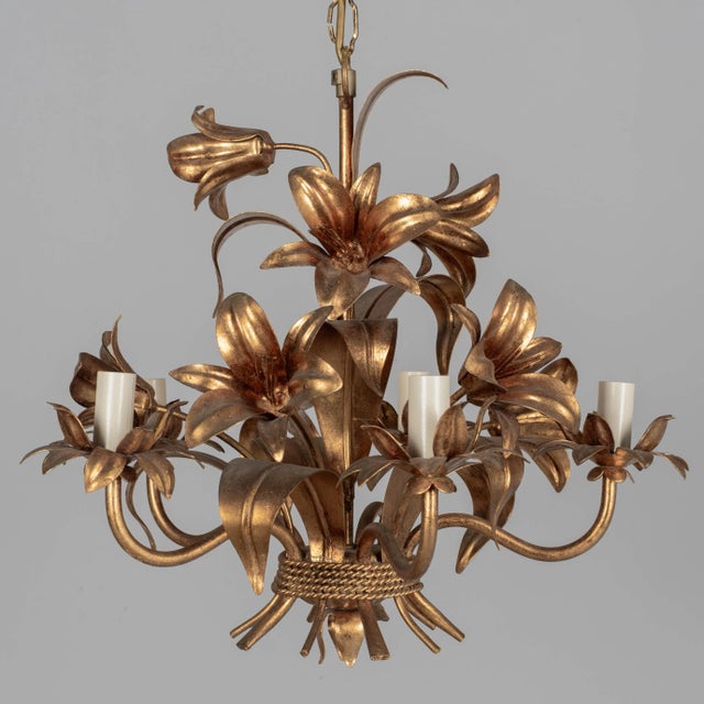 Mid 20th Century Italian Gilt Tôle Chandelier For Sale - Image 5 of 11
