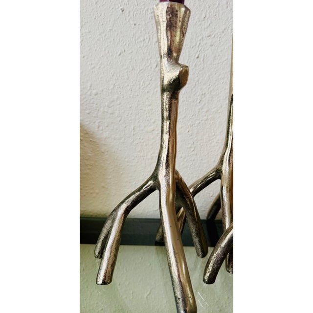 Set of Three Mid-Century Modern Branch-Form Silvered Metal Candlesticks With Burgundy Tapers For Sale In Seattle - Image 6 of 9