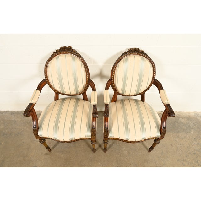 1960s Karges Style French Regency Louis XVI Carved Mahogany and Gold Gilt Armchairs, Pair For Sale - Image 5 of 14