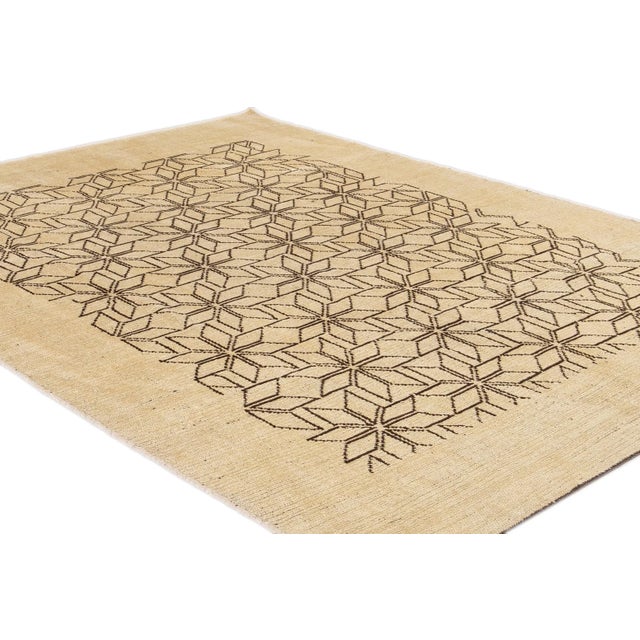 2010s Modern Beige Deco Style Handmade Geometric Floral Wool Rug For Sale - Image 5 of 9