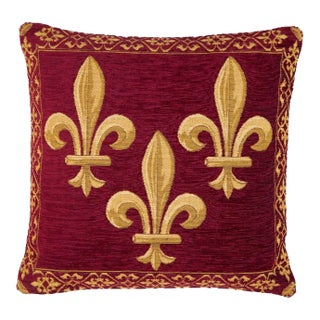 Fleur De Lys Red Tapestry Cushion With Feather Filler - 46 X 46cm For Sale