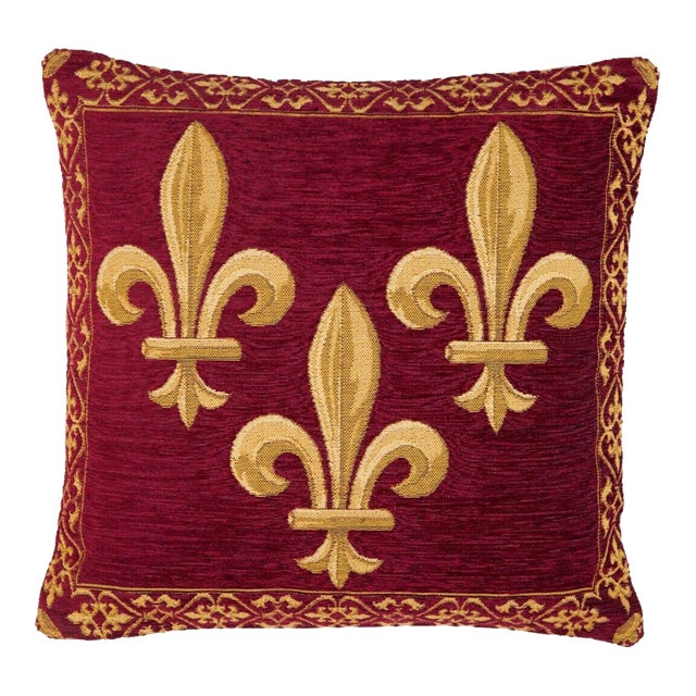 Fleur De Lys Red Tapestry Cushion With Feather Filler - 46 X 46cm For Sale
