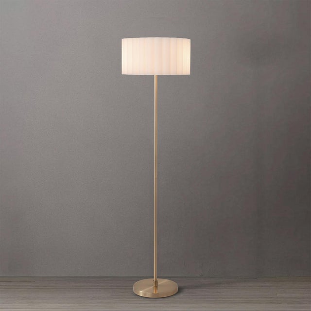 Mid-Century Modern Slimline Floor Lamp, Modern Weathered Brass Steel, White Linen Drum Shade, 61" Tall, Body Dimmer For Sale - Image 3 of 6