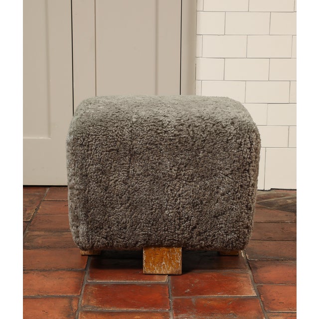 Contemporary Vintage Grey Shearling Footstool For Sale - Image 3 of 8